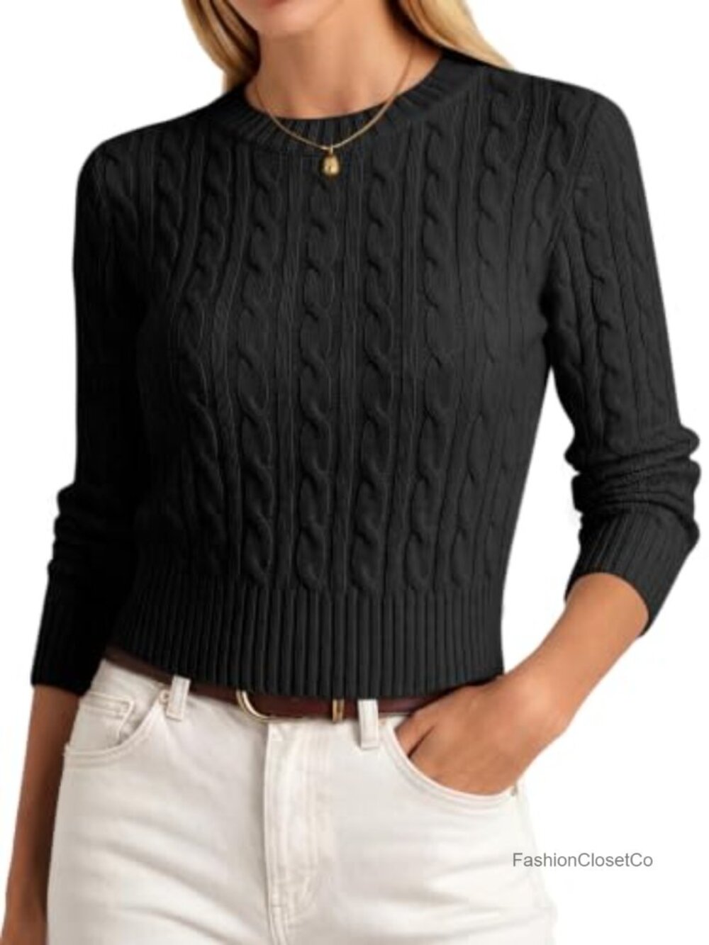 Women's Slim Fit Cable Knit Cropped Pullover Sweater Long Sleeve Crew Neck Fall
